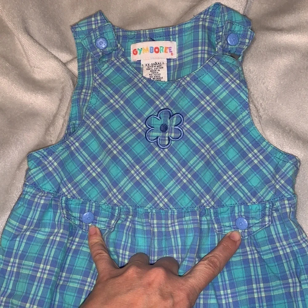 Gymboree vintage girls blue purple plaid overalls snaps embroidered 12 18 mo
